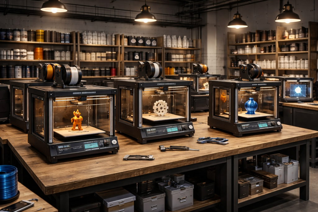 professional 3D printing workshop with multiple printers
