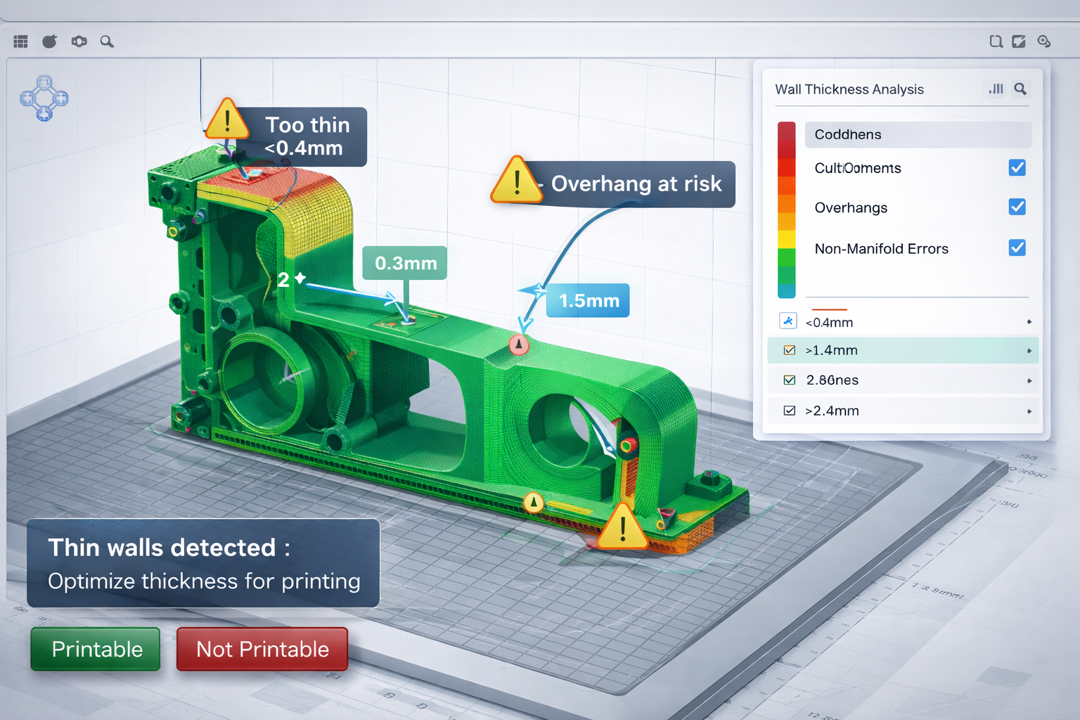 3D model analysis showing wall thickness and printability checks before 3D printing