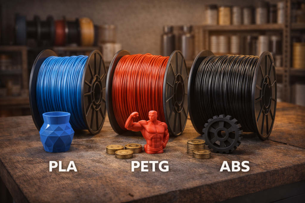 PLA PETG ABS 3D printing filament materials comparison