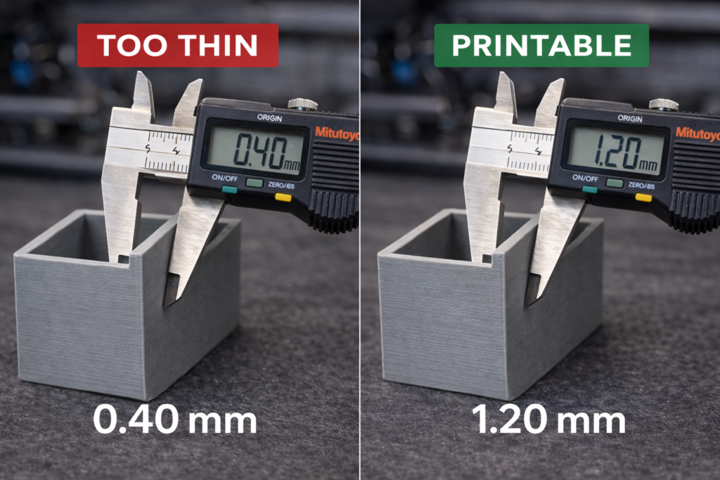 digital caliper measuring 3D print wall thickness 0.4mm vs 1.2mm comparison