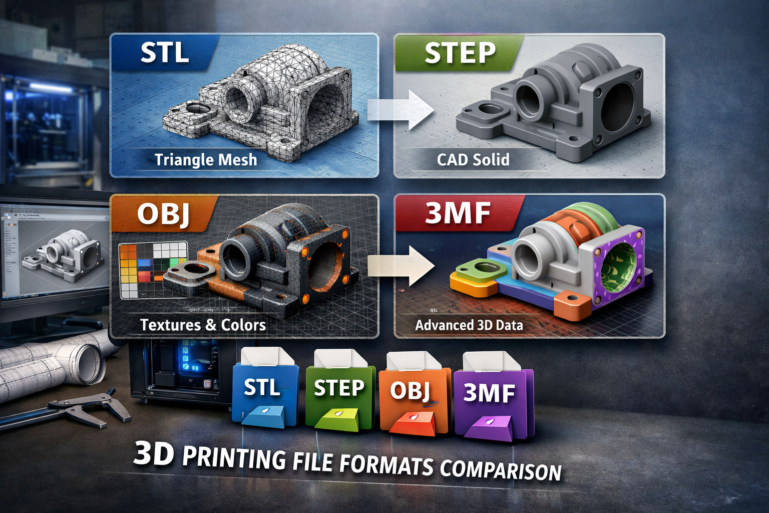 Comparison of common 3D printing file formats STL STEP OBJ and 3MF used for preparing models for 3D printing