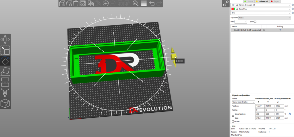 Screenshot showing model size verification in slicing software.

Example of checking model dimensions and units before 3D printing.