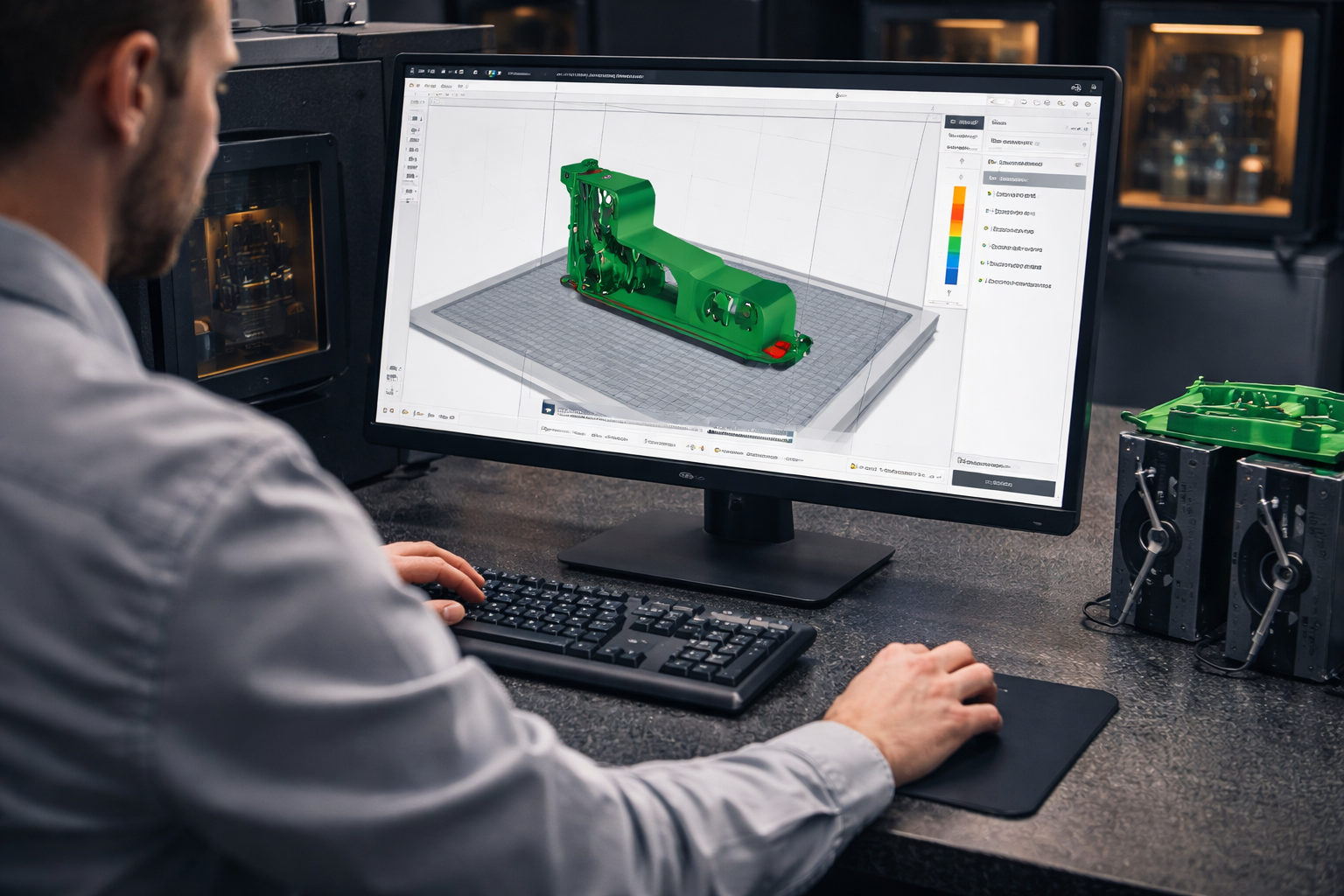 engineer checking if a 3D model is printable using slicer software before 3D printing