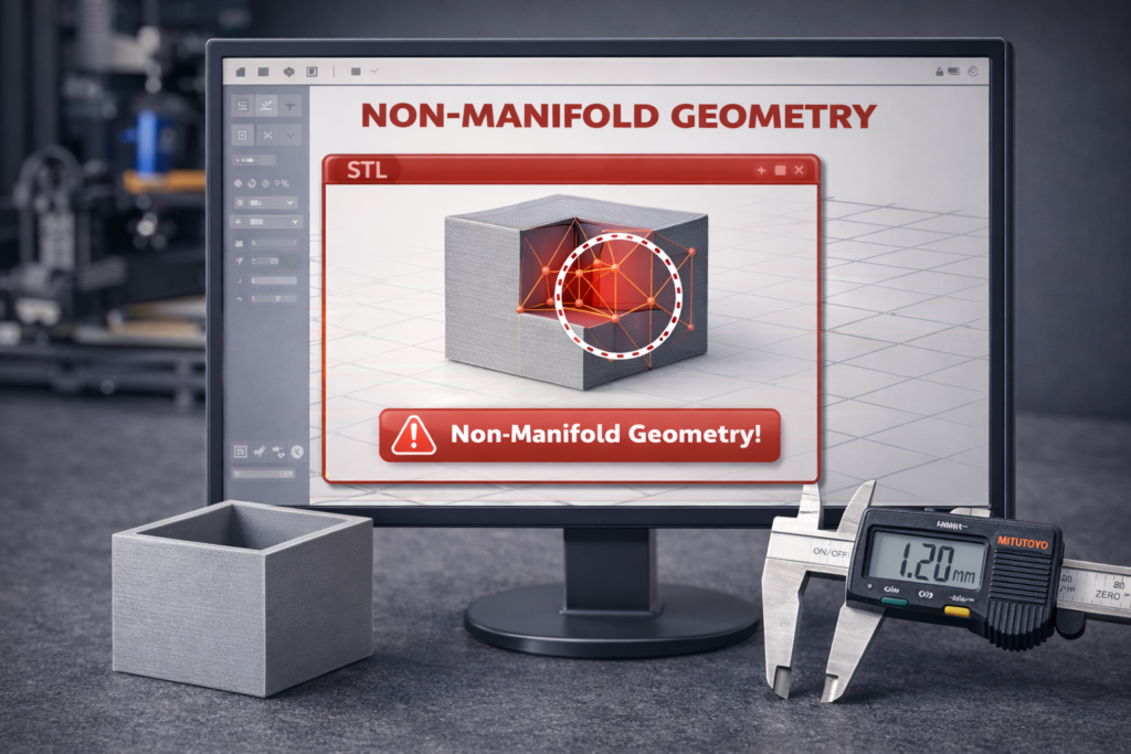 non manifold geometry error in STL 3D model highlighted in slicing software before 3D printing