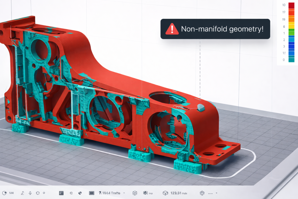 example of non manifold geometry error in an STL model that can cause 3D printing failure