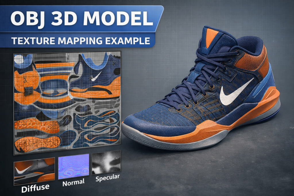 OBJ 3D model file format supporting textures and color information