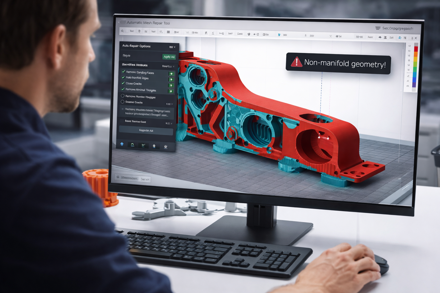 engineer repairing broken STL mesh for 3D printing on computer screen