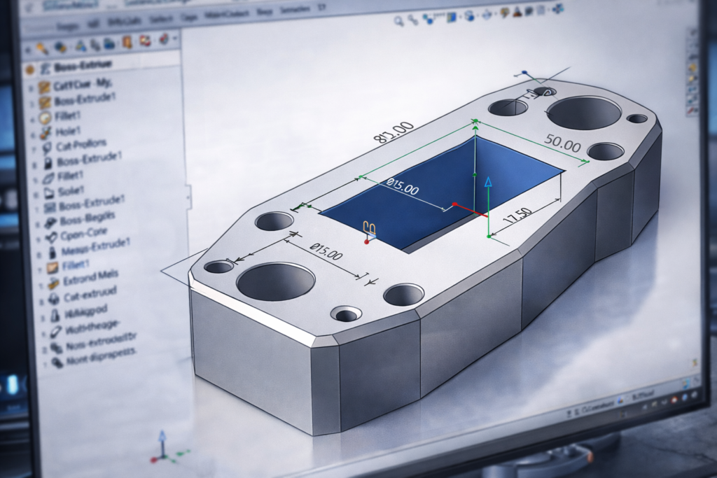 Parametric STEP CAD model with editable dimensions shown in engineering design software