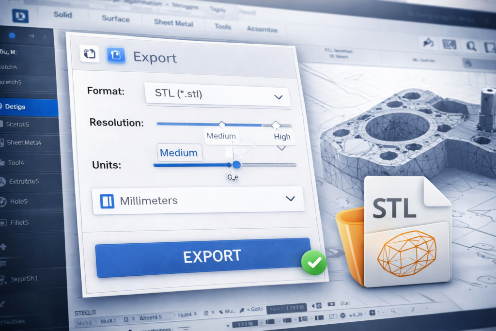 Example of STL export settings and mesh resolution in CAD software
