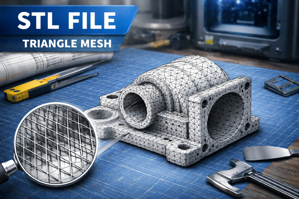 STL file mesh structure made of triangles used to describe geometry for 3D printing
