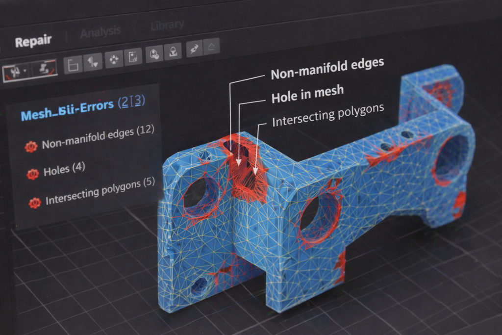 common STL mesh errors non manifold geometry holes and intersecting polygons