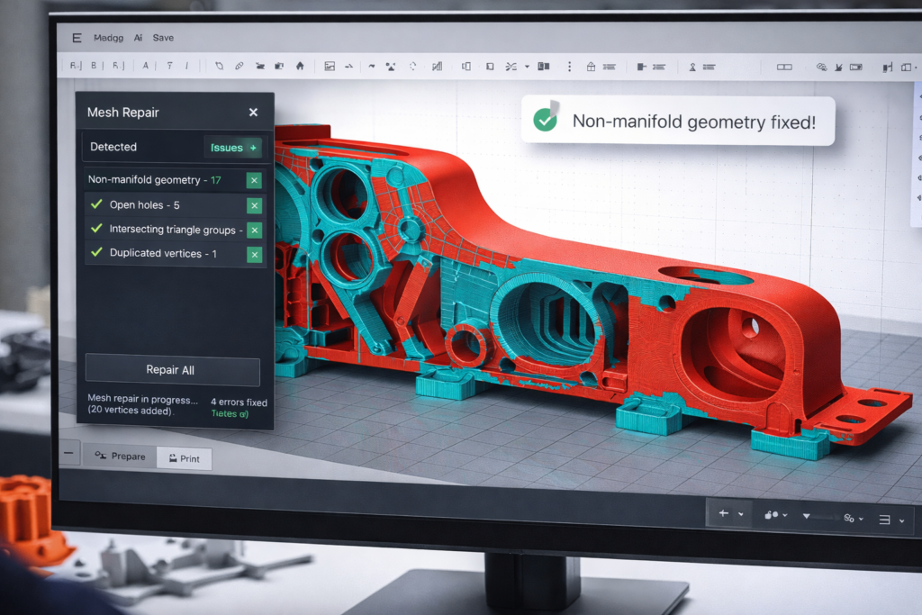 STL mesh repair tool fixing non manifold geometry in 3D model