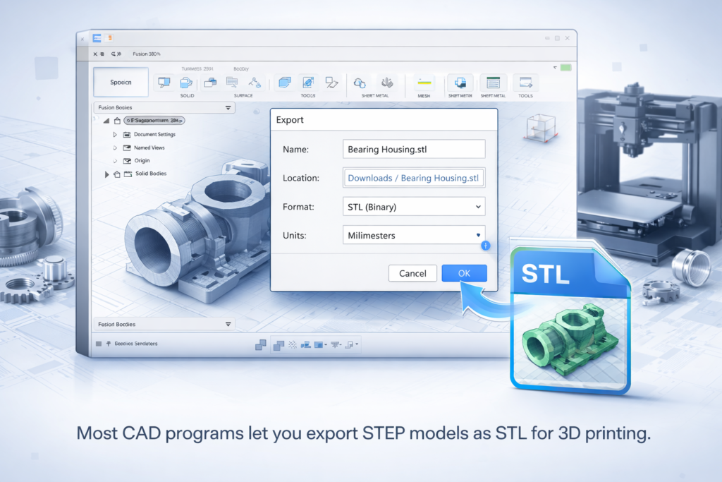 exporting a STEP file to STL in CAD software