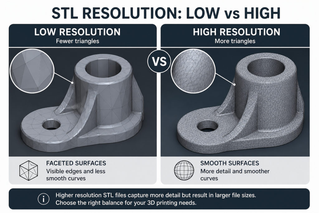 low vs high STL mesh detail shown on a curved 3D model