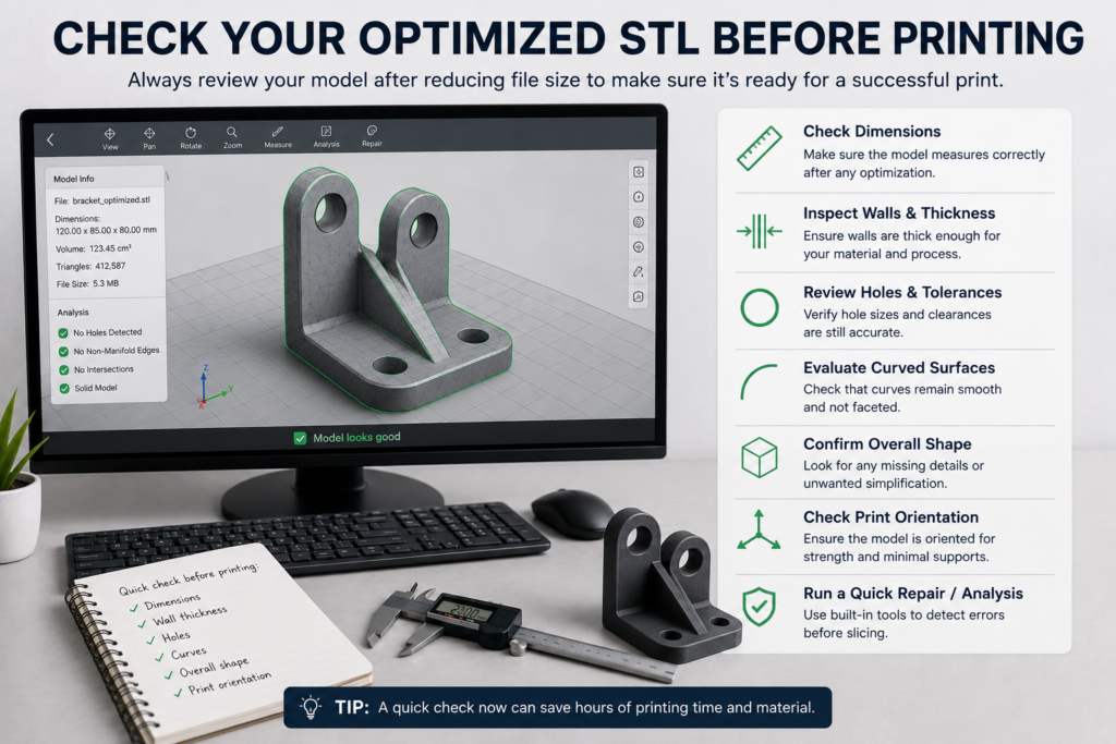 checking optimized STL file quality before sending a model to 3D print