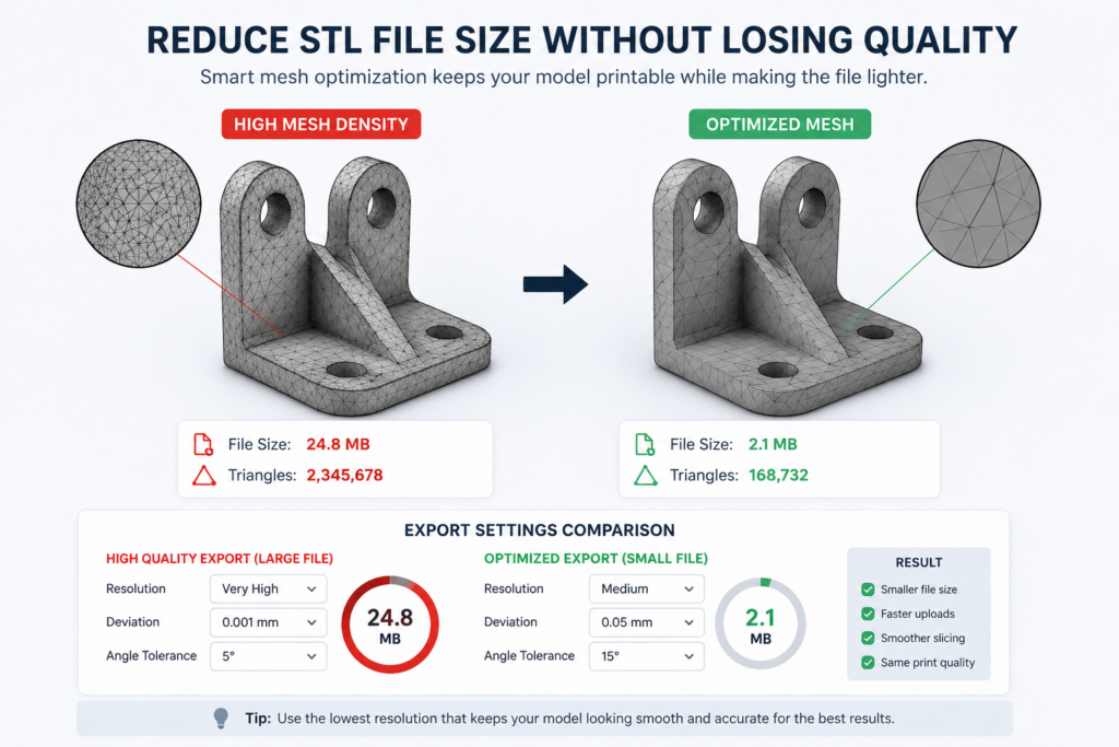 STL mesh simplification and export settings for smaller 3D printing files