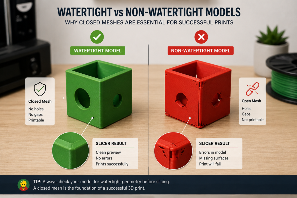 watertight vs non watertight STL model comparison for 3D printing