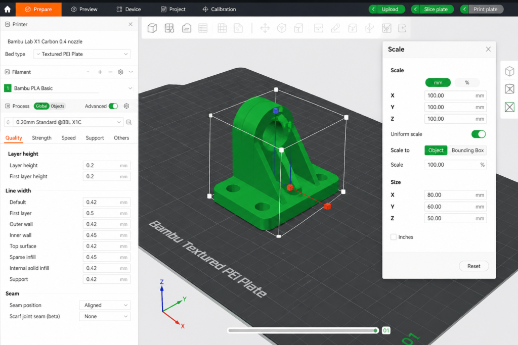 adjusting STL file dimensions in 3D printing slicer software