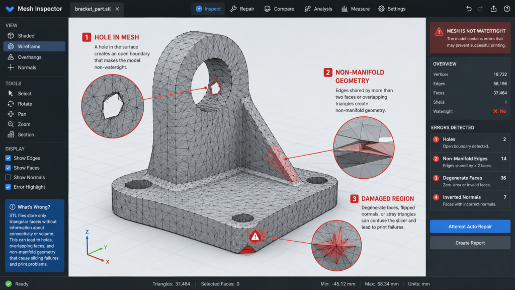 broken STL mesh with holes and non manifold geometry in 3D printing software