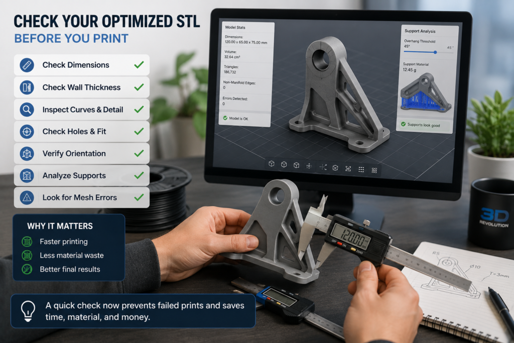 checking an optimized STL model before sending it to 3D print