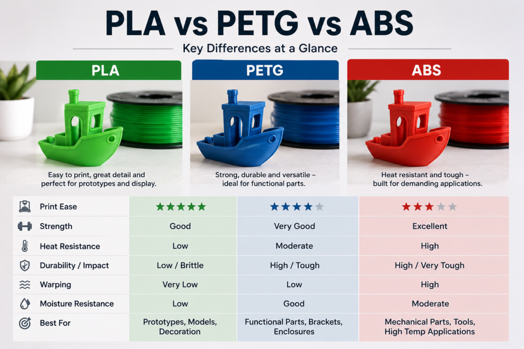 PLA PETG and ABS 3D printed material samples compared side by side