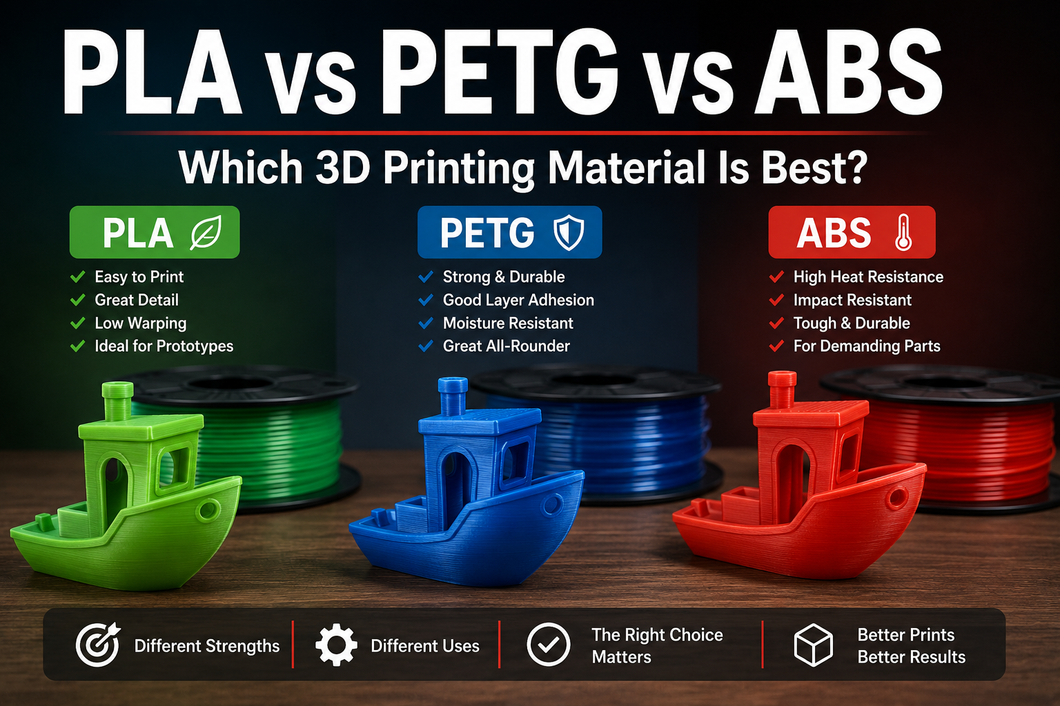 PLA vs PETG vs ABS comparison for 3D printing
