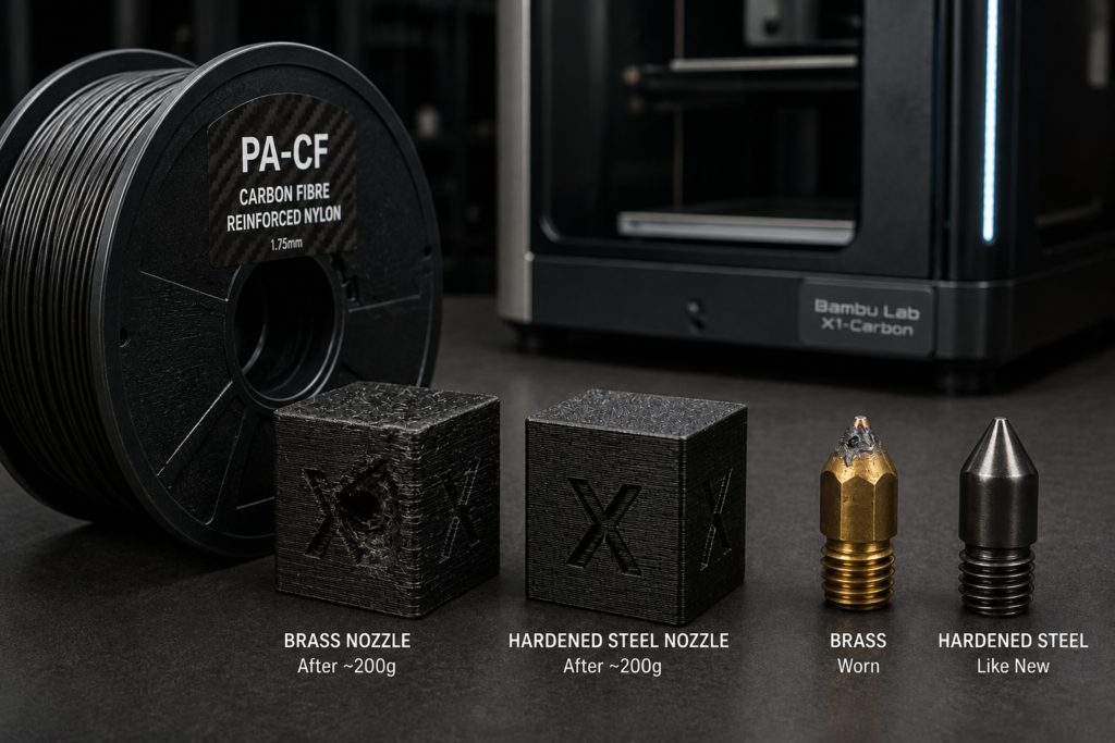 carbon fibre filament brass nozzle wear compared with hardened steel nozzle