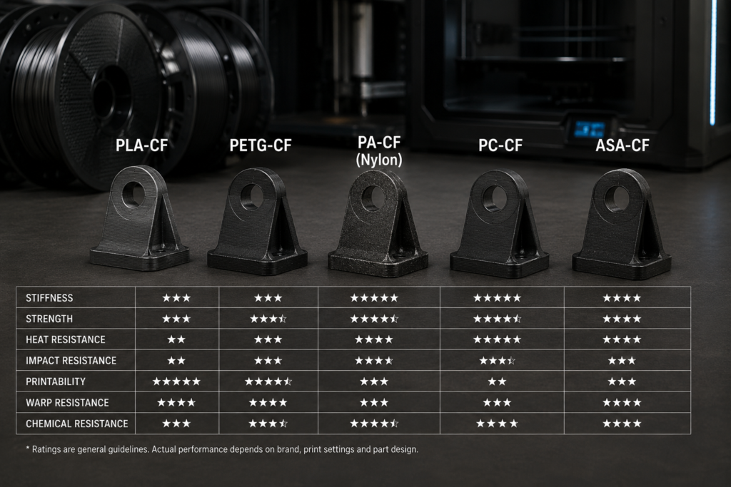 PLA-CF PETG-CF PA-CF PC-CF and ASA-CF carbon fibre filament comparison
