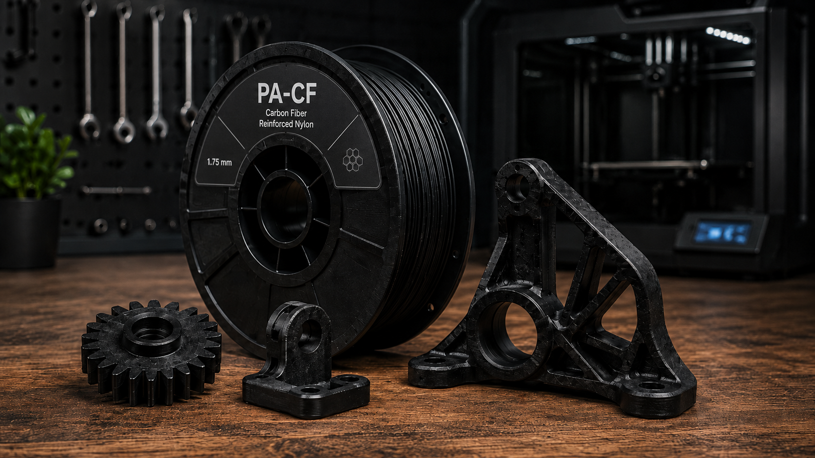 PA-CF carbon fibre reinforced nylon filament with functional 3D printed engineering parts