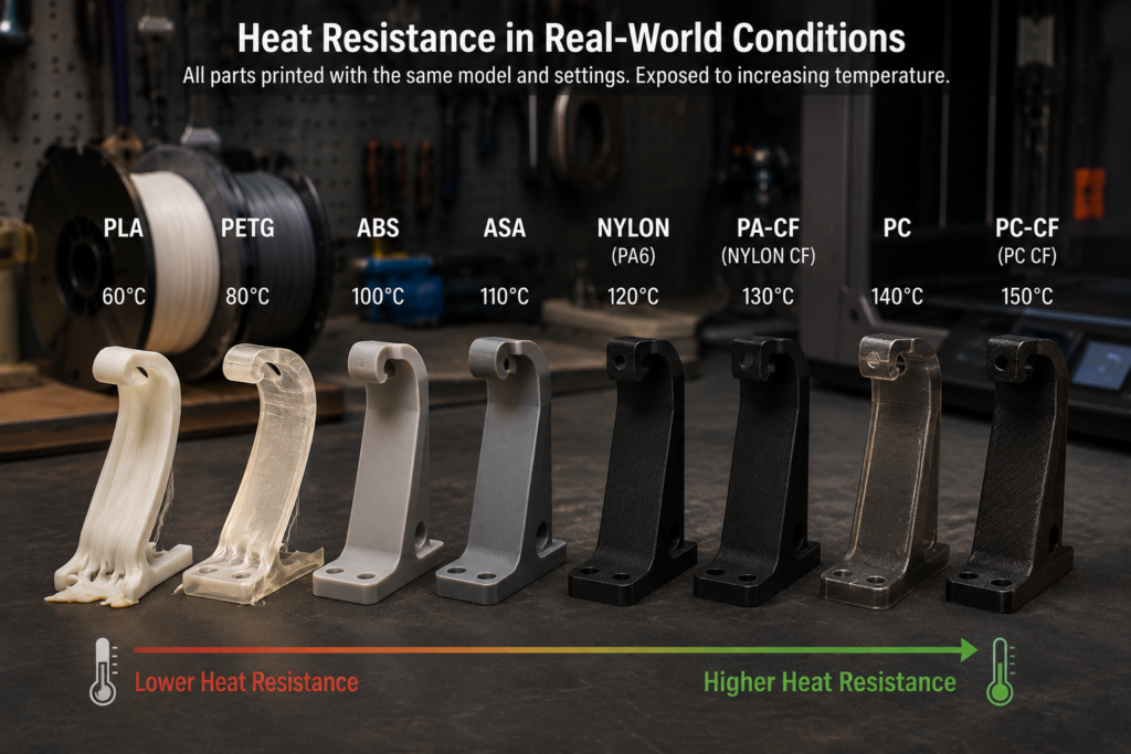 real world heat resistance comparison of PLA PETG ABS ASA nylon PA-CF PC and PC-CF