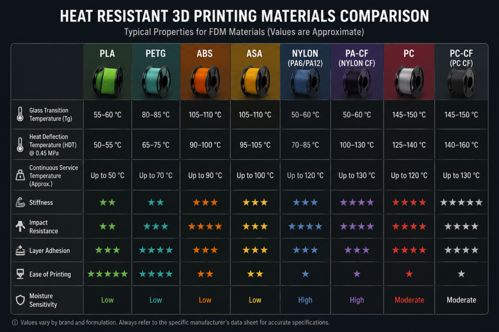 heat resistant 3D printing materials comparison PLA PETG ABS ASA nylon PA-CF PC and PC-CF