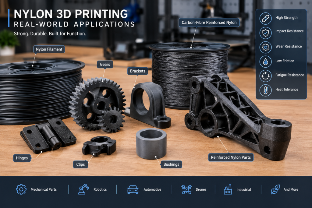 nylon 3D printing applications gears brackets hinges bushings and reinforced nylon parts