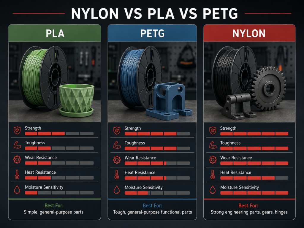nylon vs PLA vs PETG strength toughness wear resistance and heat resistance comparison