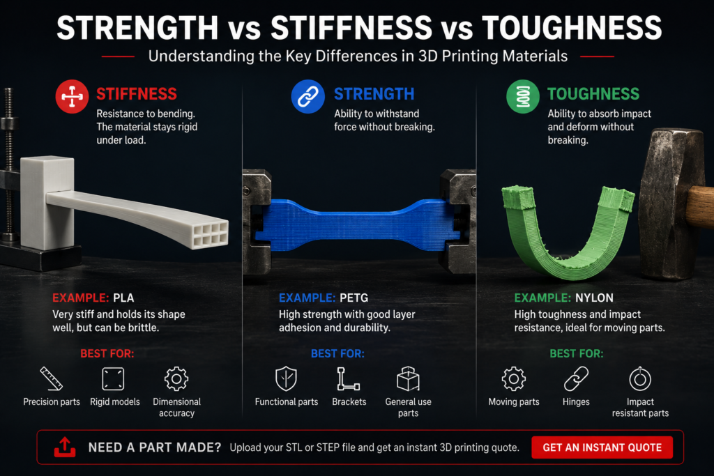 strength vs stiffness vs toughness in 3D printing materials