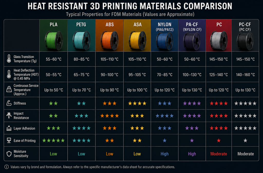heat resistant 3D printing materials comparison PLA PETG ABS ASA nylon PA-CF PC and PC-CF