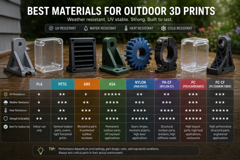 outdoor 3D printing materials comparison PLA PETG ABS ASA nylon PA-CF PC and PC-CF