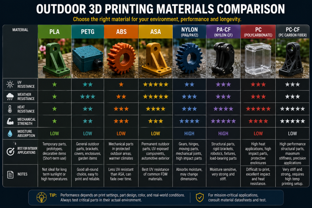 outdoor 3D printing materials comparison PLA PETG ABS ASA nylon PA-CF PC and PC-CF